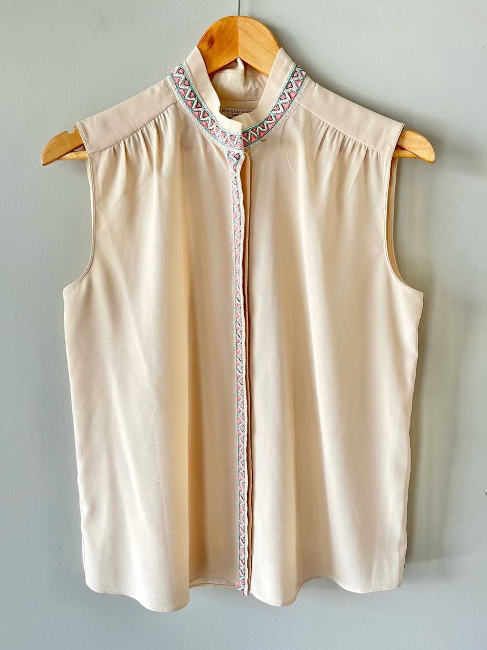 Scotch & Soda Cream Sleeveless Button-Front Blouse Beaded Collar Size S -Western